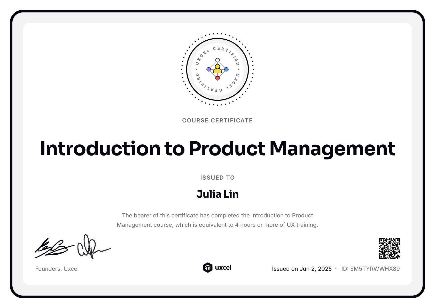 Julia Lin's certificate